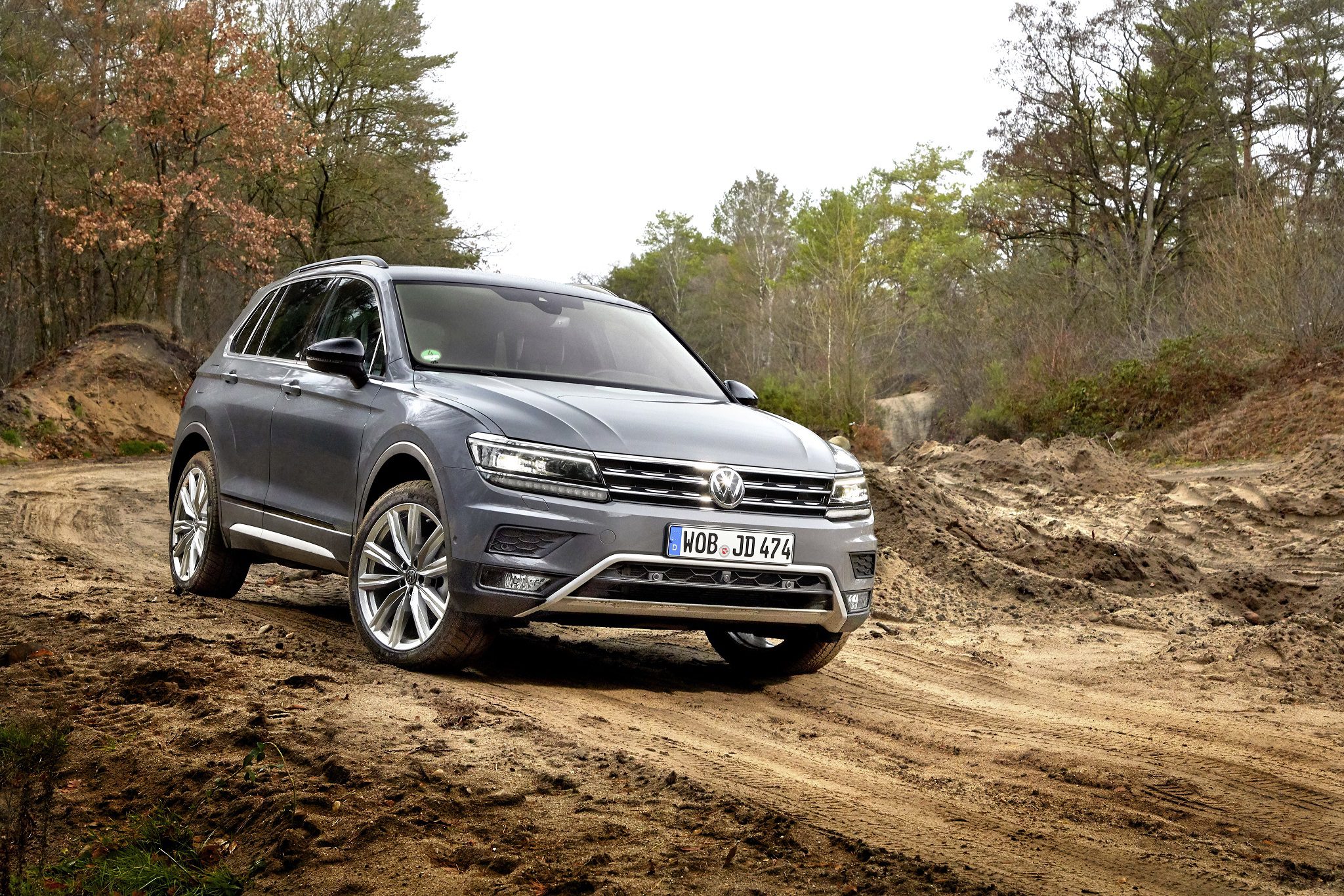 Ein grauer VW Tiguan Offroad im Wald