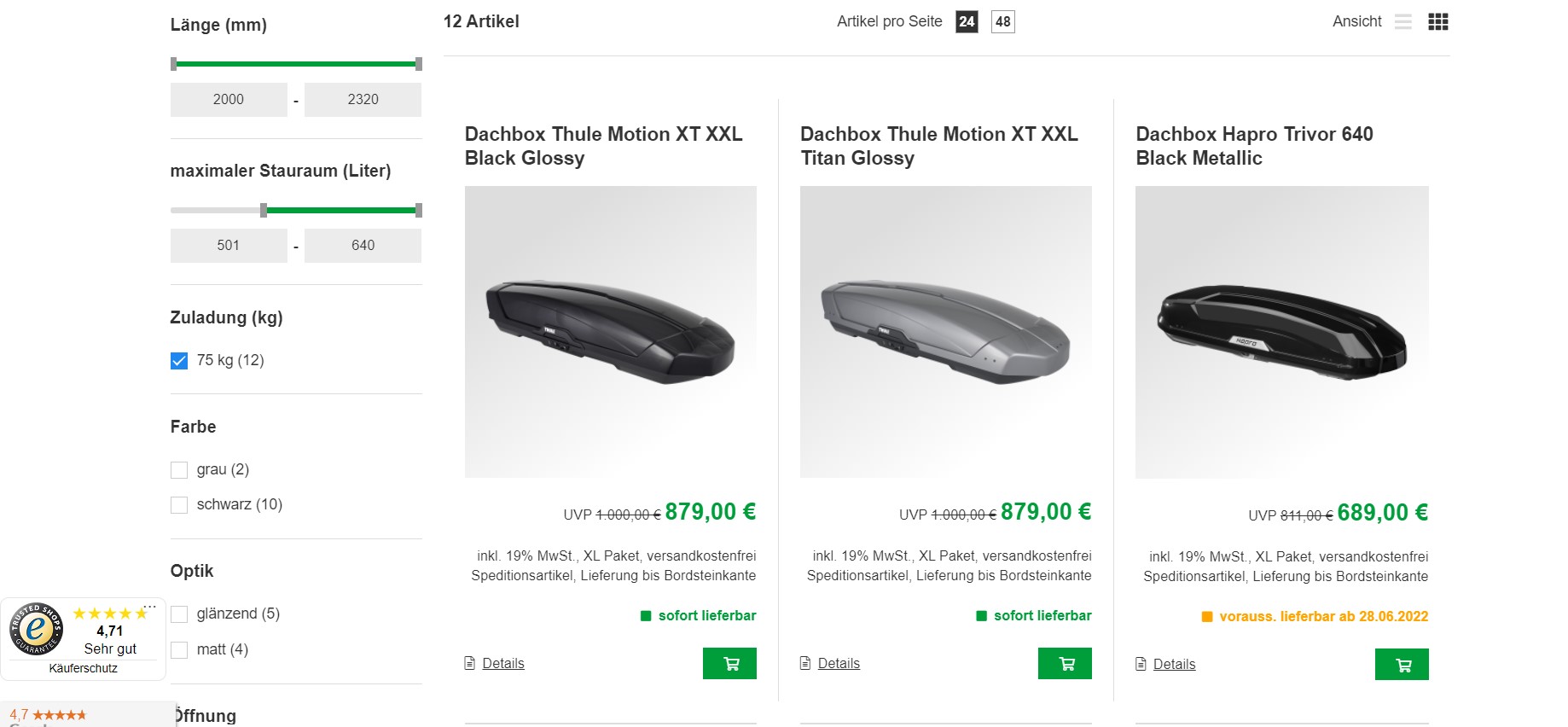 Screenshot von verschiedenen Dachboxen im Rameder-Onlineshop