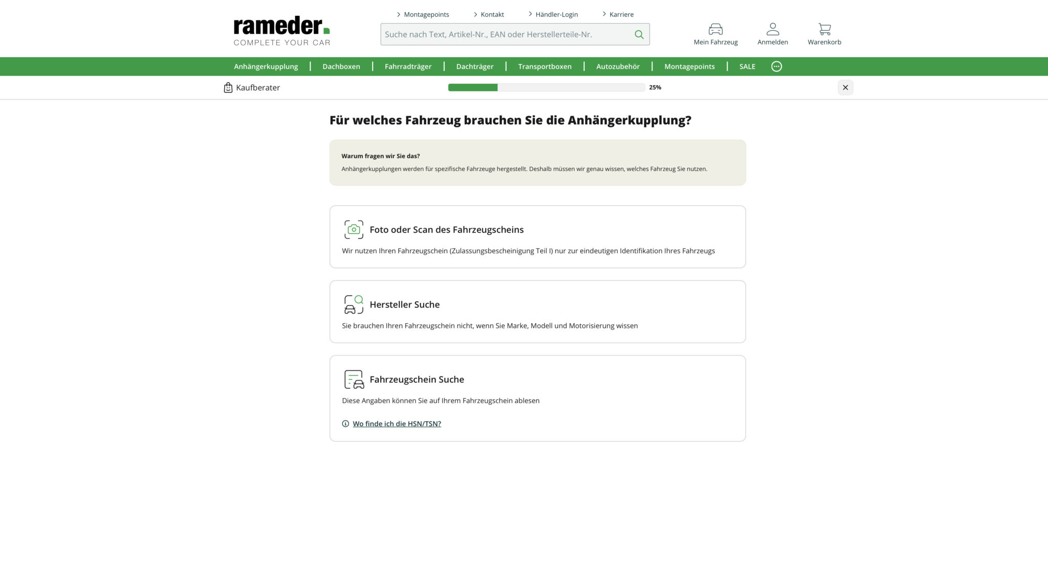 Screenshot des Rameder-Kaufberaters: Drei Wege, um das spezifische Fahrzeug auszuwählen